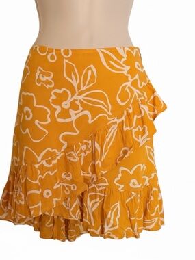 XIX Palms Sydney Yellow Floral Faux Wrap Ruffle Skirt Small